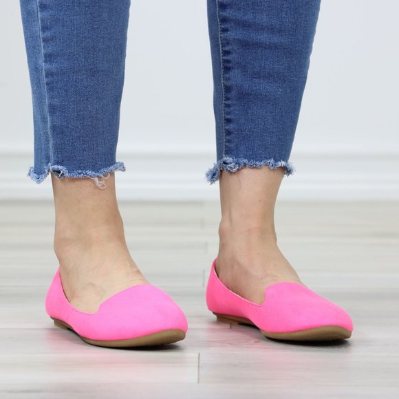 Neon Pink Faux Suede Rounded Toe Slip On Flat Shoes - Picture 5 of 12